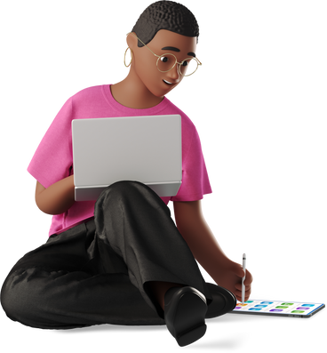young woman working with laptop and tablet PNG, SVG