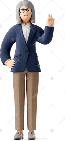 3D old businesswoman in glasses and suit showing peace sign  Illustration in PNG, SVG