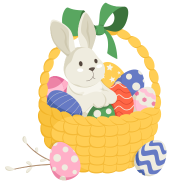 Пасхальный кролик в корзинке с яйцами в PNG, SVG