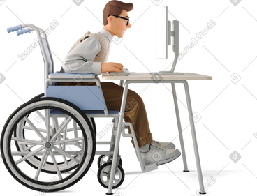 Man in wheelchair at computer PNG, SVG