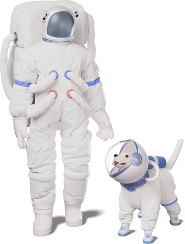 astronaut and dog in space suit looking at each other PNG, SVG