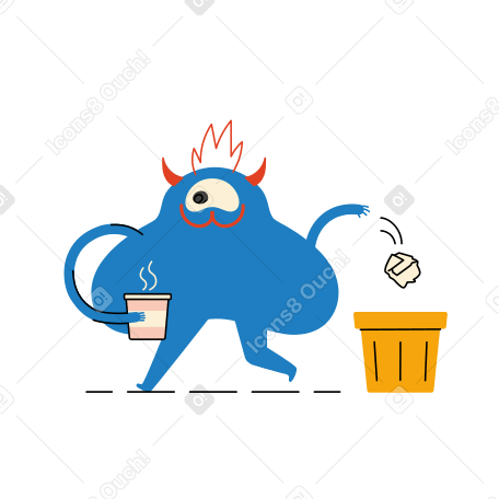 Illustration Un personnage avec une tasse de café jette un morceau de papier à la poubelle aux formats PNG, SVG