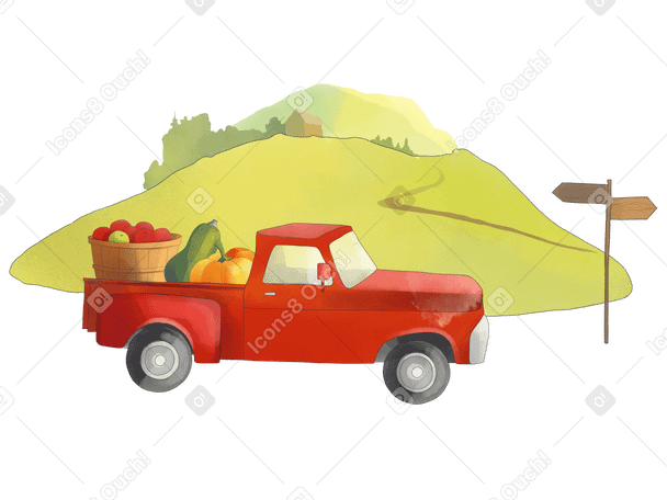 Pickup truck with harvest on the background of the hill Illustration in PNG, SVG