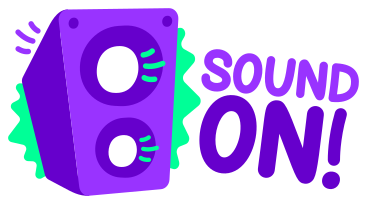 レタリングステッカーサウンドオン！音楽スピーカー付き緑紫文字 のアニメーションイラスト、GIF、Lottie (JSON)、AE