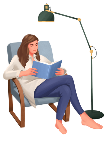Girl reading a book sitting in an armchair next to a floor lamp PNG, SVG
