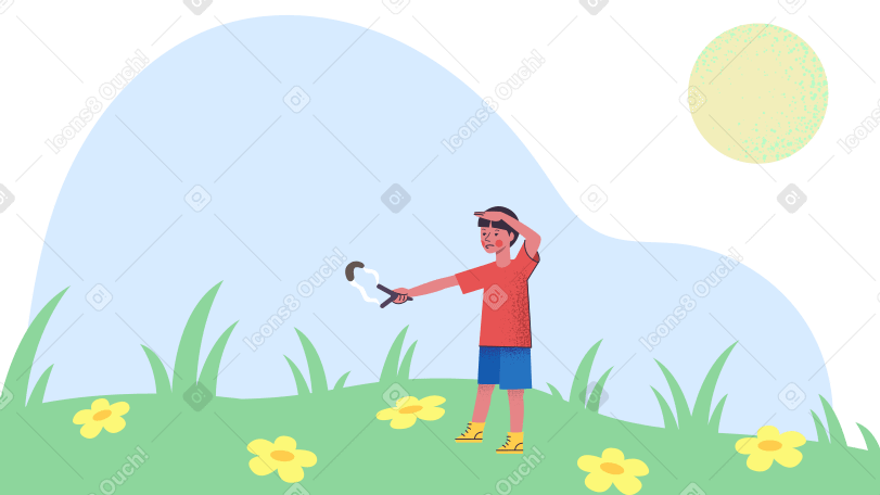 Boy shoots a slingshot in the meadow Illustration in PNG, SVG