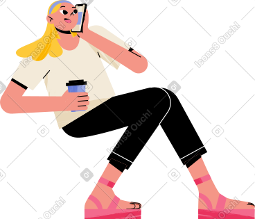 坐着的女人拿着咖啡和电话 PNG, SVG