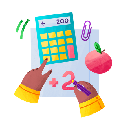 Child at math lesson with calculator and apple Illustration in PNG, SVG
