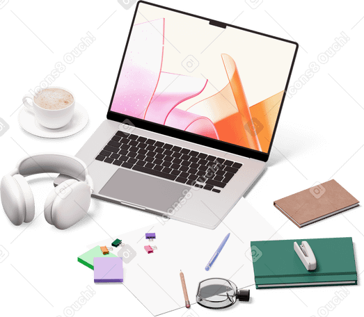 3D isometric view of laptop, headphones, notebooks, perfume and cup of coffee PNG, SVG