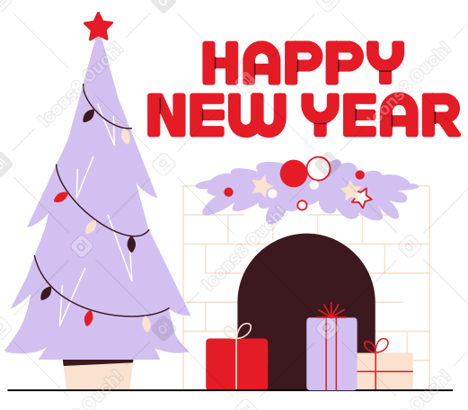 Lettering Happy New Year! with christmas tree and fireplace text PNG, SVG