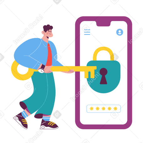 Man holds a key and opens the lock on his cell phone PNG, SVG