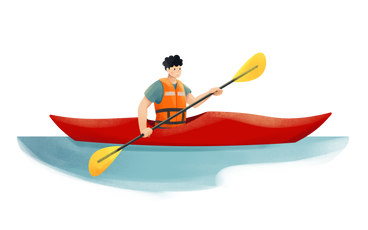 Junger mann in orangefarbener schwimmweste fährt kajak PNG, SVG