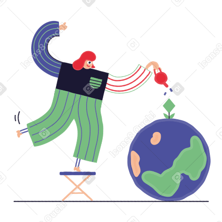 Girl watering a flower growing out of a planet в PNG, SVG