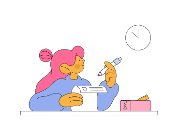 Girl taking test and looking at clock PNG, SVG