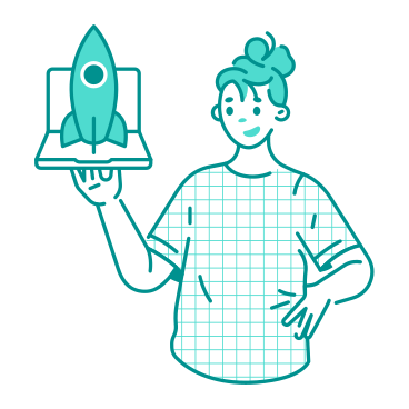 Woman holding laptop with a rocket, Project launch PNG, SVG