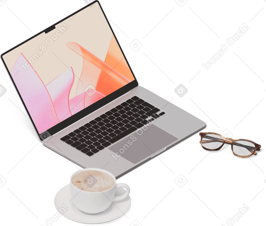 3D Изометрический вид ноутбука, чашка кофе, стаканы в PNG, SVG