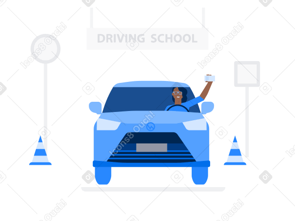Illustration Une fille heureuse au volant d'une voiture montre son permis de conduire sur fond de panneau d'auto-école aux formats PNG, SVG
