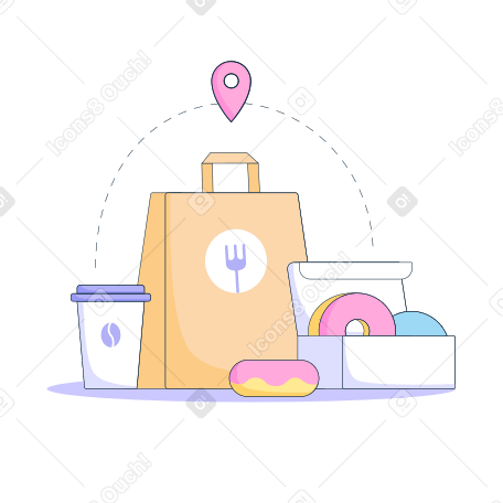 Delivery of coffee and donuts in a paper bag Illustration in PNG, SVG