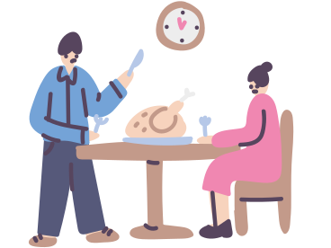 A man and a woman sitting at a table with a turkey PNG, SVG