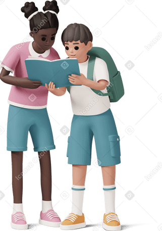 3D girl and boy with backpack reading book в PNG, SVG