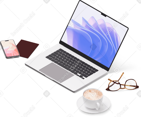 3D 笔记本电脑、杯子、智能手机、护照和眼镜的等距视图 PNG, SVG