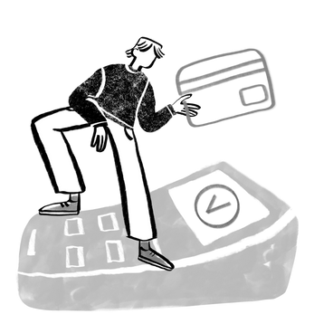 Black and white man standing on card receiver and scanning the card PNG, SVG