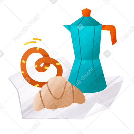Coffee maker, pretzel and croissant for a delicious breakfast pastry Illustration in PNG, SVG
