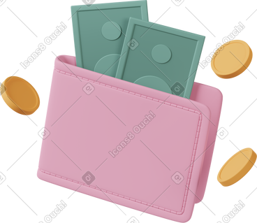 Wallet with banknots and coins flying around PNG, SVG