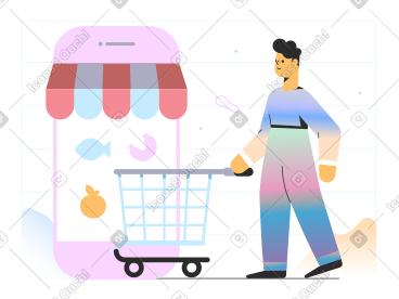 Man coming to online shop in a phone with shopping cart PNG, SVG