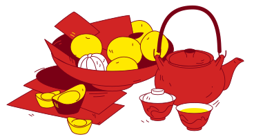 Mandarins with New Year's wishes and Chinese tea PNG, SVG