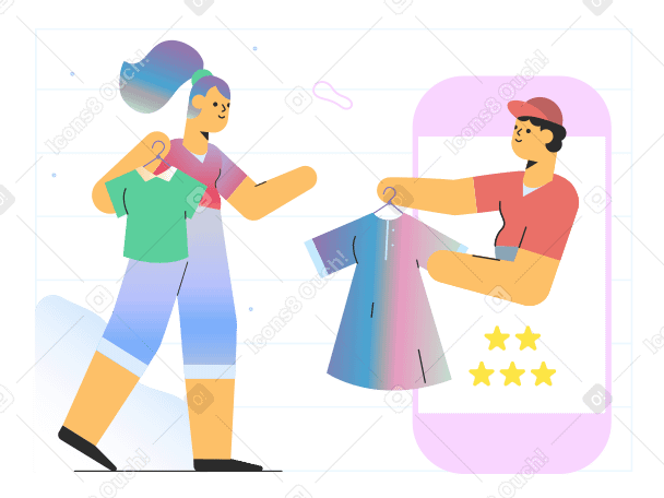 Woman getting clothes from online shop in a phone PNG, SVG