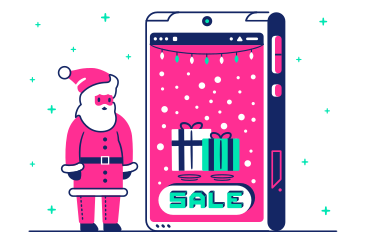 Santa Claus chooses gifts online with discounts PNG, SVG