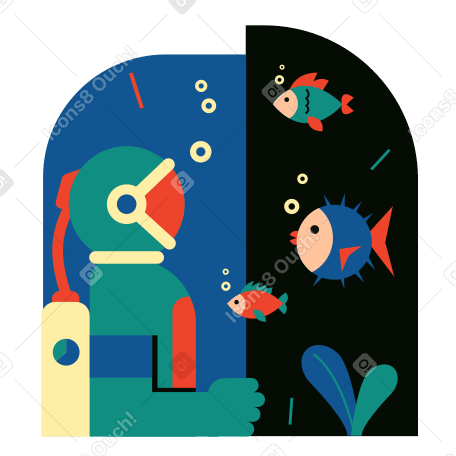 Man in diving suit under water with fishes Illustration in PNG, SVG