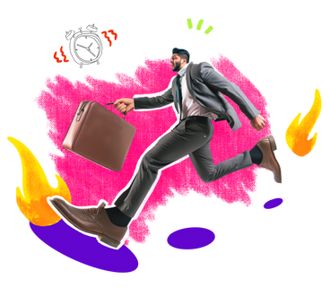 Collage of a businessman in a suit running to meet a deadline PNG, SVG
