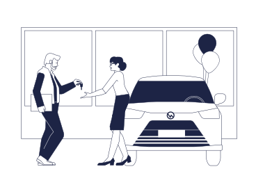 Car dealership salesman gives car keys to female customer PNG, SVG