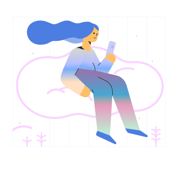 Woman sitting on a cloud scrolling on her phone PNG, SVG