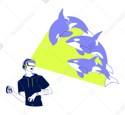 Person observing orcas in virtual reality PNG, SVG