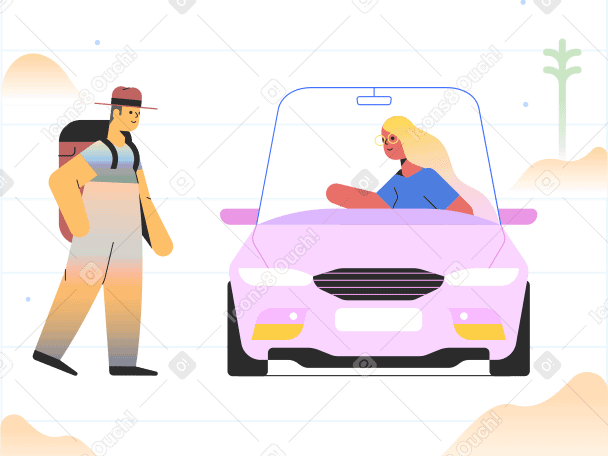 Женщина за рулем автомобиля подбирает попутчика в PNG, SVG