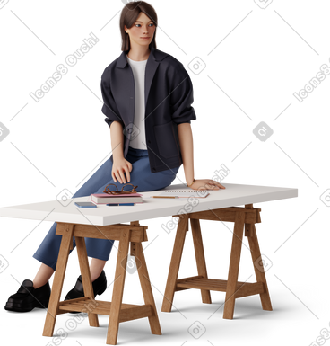 Three quarter view of young woman sitting on the table PNG, SVG