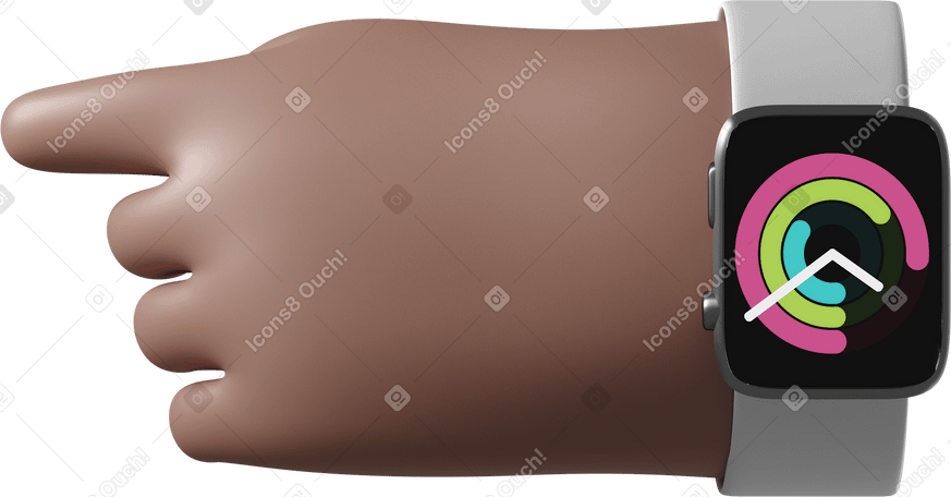 3D Main de peau brune avec smartwatch allumée pointant vers la gauche PNG, SVG