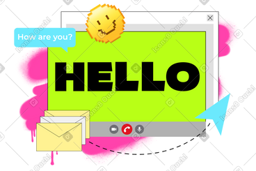Lettering Hello in video call window  with smile and envelopes text PNG, SVG