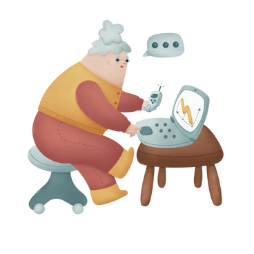 La nonna si siede e lavora al laptop e parla al telefono PNG, SVG