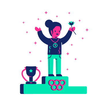 Athlete won the Olympic Games, stands on a pedestal with a medal, cup, and flower PNG, SVG