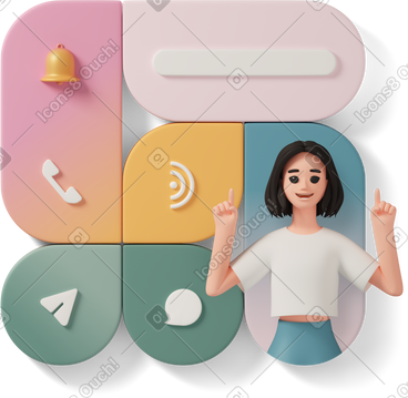 Smiling woman on background with communication  icons PNG, SVG