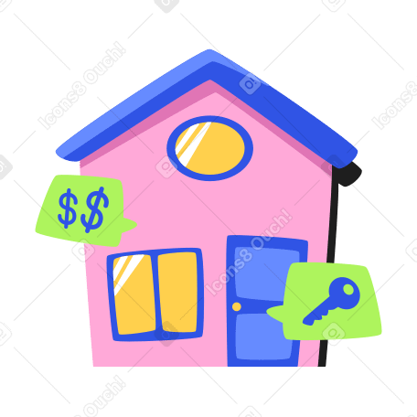 Haus- und sprechblasen mit einem dollarzeichen und einem schlüssel animierte Grafik in GIF, Lottie (JSON), AE