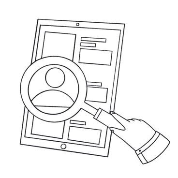 Hand holds a magnifying glass and searches for an employee's resume on the ipad PNG, SVG