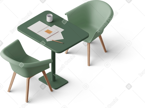 3D Vista isométrica de la mesa de café con cuaderno y papeles. PNG, SVG