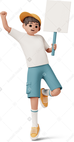 3D boy jumping with empty sign Illustration in PNG, SVG