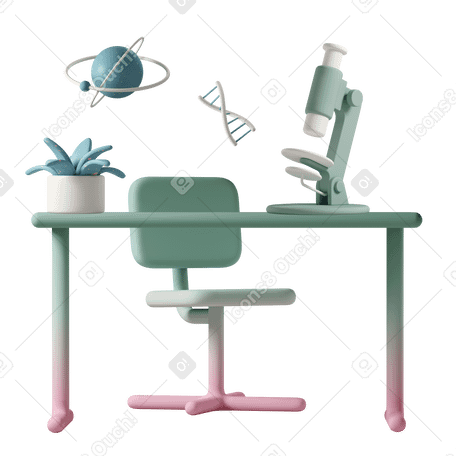 3D science lab featuring chair and desk with microscope and pot plant PNG, SVG