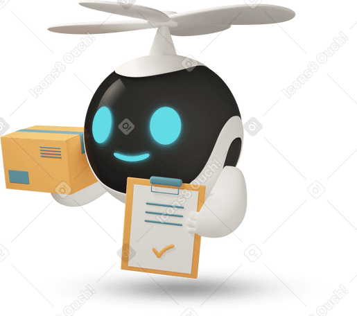 3D flying delivery robot holding mail box and list PNG, SVG